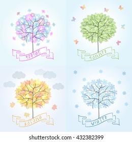 Tree in four seasons - spring, summer, autumn, winter. Cartoon illustration representing the seasons cycle.