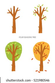 Tree in four seasons - spring, summer, autumn, winter. Vector illustration. Isolated on white background.