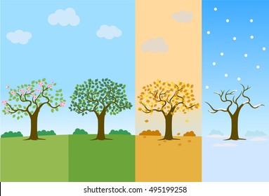 Tree in four seasons of year spring, summer, fall, autumn and winter season vector illustration. Scenery of the four seasons landscape set. Hand drawn cartoon flat design.