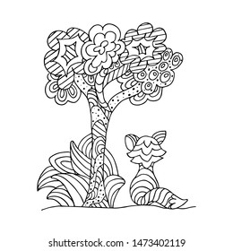 Tree and fox. Doodle coloring page. Vector illustration.