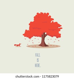 Tree and fox in fall or autumn vector landscape. Seasonal symbol with leaves falling, beautiful cartoon artwork. Eps10 vector illustration.