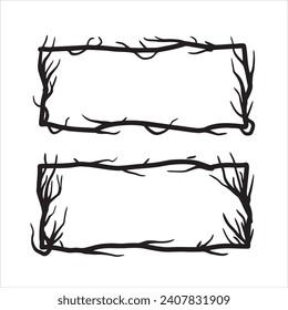 Tree frame, floral horizontal border. Plant and twig decoration isolated on white background. Black outline silhouette. Decorative vintage scary element. Dark forest concept.