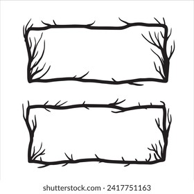 Tree frame, floral horizontal border. Plant and twig decoration isolated on white background. black outline silhouette. decorative vintage scary element. Dark forest concept.