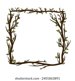 Tree frame, floral square border. Plant and twig decoration isolated on white background. Black outline silhouette. Decorative vintage scary element with leaf. Dark forest concept.
