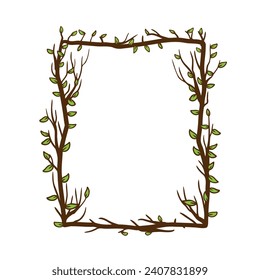 Tree frame, floral square border. Plant and twig decoration isolated on white background. Black outline silhouette. Decorative vintage scary element with leaf. Dark forest concept.