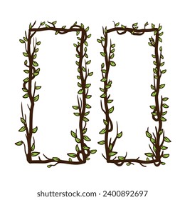 Tree frame, floral vertical border. Plant and twig decoration isolated on white background. Black outline silhouette. Decorative vintage scary element. Dark forest concept.