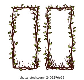 Marco de árbol, borde vertical floral. La decoración de las plantas y de las ramitas está aislada en un fondo blanco. Silueta de contorno negro. El elemento de miedo vintage decorativo. Concepto de bosque oscuro.