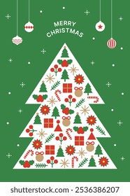 A tree frame illustration with a combination of icons on a snow and ornament background with a Christmas concept. The icons are trees, berries, gifts, canes, poinsettias, holly, and tree branches.