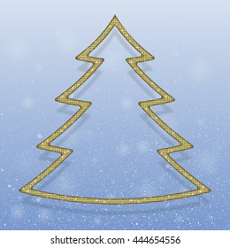 Tree frame made gold glitter, sequins. Falling white snow with blue sky. Merry Christmas, New Year background, banner, card. Vector winter snowflakes. Holiday backdrop style with fall shining snow. 