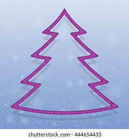 Tree frame made pink glitter, sequins. Falling white snow with blue sky. Merry Christmas, New Year background, banner, card. Vector winter snowflakes. Holiday backdrop style with fall shining snow. 