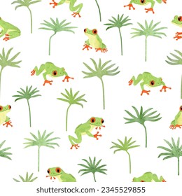 Tree frog pattern. Seamless vector background with cute cartoon green frogs and tropical plants