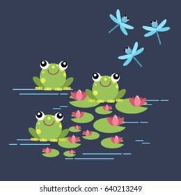 Tree frogs with lily and dragonflies. Illustration for children. Flat design style.