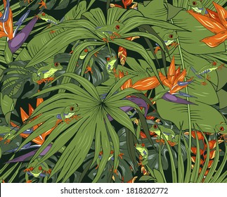 Tree frogs and tropical plants, seamless vector illustration
