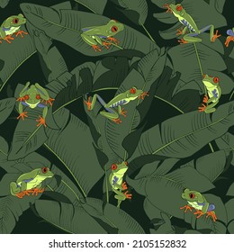 Tree frogs and tropical plants, seamless vector illustration