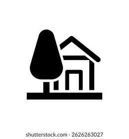 Tree in front of house black icon design