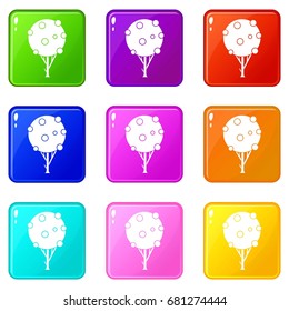 Tree with fruits icons of 9 color set isolated vector illustration