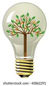 Tree with fruits and leaves inside lightning bulb