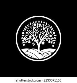 tree and fruits vector logo design in black and white color