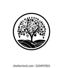tree and fruits vector logo design in black and white color
