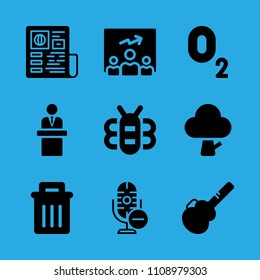 tree, garbage, newspaper, microphone, presentation, speech, oxygen, guitar protector and bee vector icon. Simple icons set