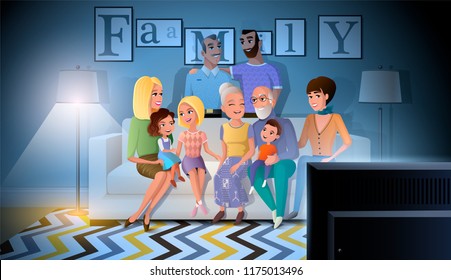 Tree Generations of Big Family Gathered at Home, Spending Time Together, Watching Evening TV Show while Sitting at Sofa in Living Room Cartoon Vector Illustration. Traditional Family Evening or Night