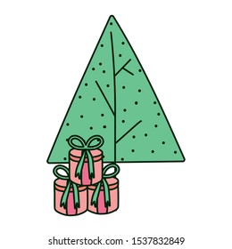 tree with gift boxes and snow celebration merry christmas vector illustration