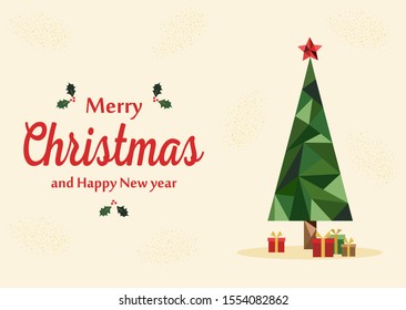 С árbol de Navidad con cajas de regalo, estrella. Tarjeta de felicitación/postal/banner con la inscripción Feliz Navidad y un feliz año nuevo. Estilo poligonal. Ilustración vectorial.