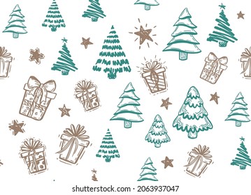Tree, Gift boxes, star set, hand drawn illustrations.	
