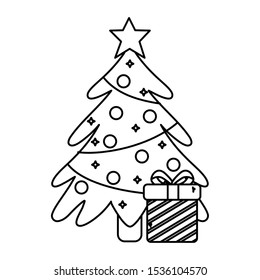 tree gift star lights balls merry christmas vector illustration thick line