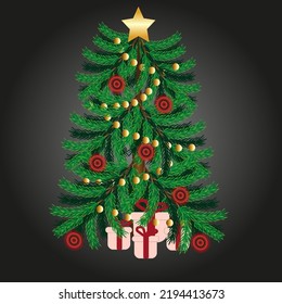 С árbol de navidad con regalos y decoraciones sobre fondo de estilo negro. Ilustración vectorial con árbol de navidad, garland, estrella, bolas rojas y regalos. Hermoso concepto de año nuevo.