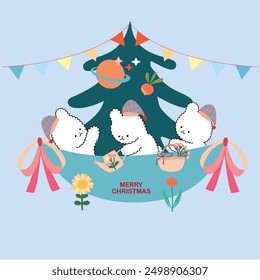 tree with gifts, flowers in pots, Christmas and cute bunny, element Christmas animal, draw vector cute bunny in garden