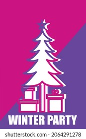árbol con regalos. Plantilla de impresión de invierno, patrón de fondo sobre el tema del invierno para volantes, tarjetas, folletos, afiches. antecedentes para sus redes sociales. Diseño de vector plano.