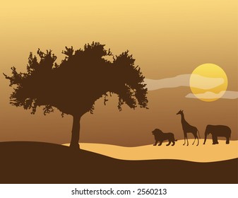 A tree, giraffe, elephant, and lion silhouette with an African sunset in the background