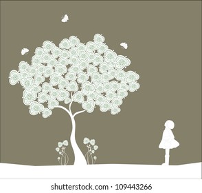 Tree and girl on dark background