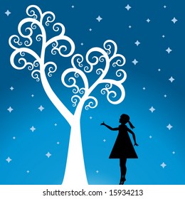 tree with girl  and stars
