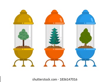 Tree in Glass Bell set. Nature conservation concept. Laboratory jar and wood. For poster about environment