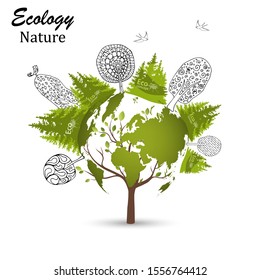Tree with globe. Tree in the form of a world map. The concept of ecology, to save the planet. Eco friendly. Black-white doodle drawing. logo design template of forest and house Vector illustration.