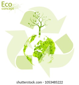 Tree with globe. Triangular recycling symbol on white background. Environmentally friendly world. Illustration of ecology the concept of info graphics. Icon. Simple modern minimalistic style.