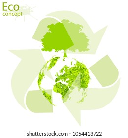 Tree with globe. Triangular recycling symbol on white background. Environmentally friendly world. Illustration of ecology the concept of info graphics. Icon. Simple modern minimalistic style.