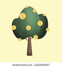 Tree with gold coins. 3D vector illustration isolated on yellow background. Transaction, business, investment, financial, online payment, wealthy, economy concept.