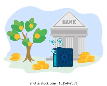 A tree with gold coins and an open safe with flying banknotes in the background of the Bank building. The concept of value of investment and enrichment.
