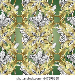 Tree with gold trim. Furniture in classic style. Small depth of field. Carving. Luxury furniture. Seamless element woodcarving. Patina. Pattern on green background with golden elements.