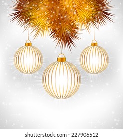 Tree golden Christmas balls in stroke and golden pine branches with light in snowfall on grayscale background