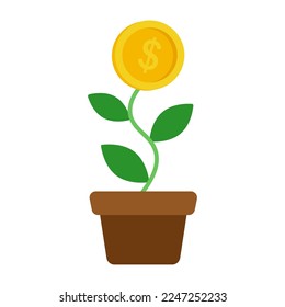 Tree with golden coin flower in pot icon.