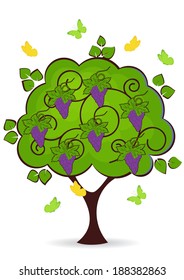 tree with grapes and butterflies fly around
