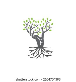 tree graphic design illustration for printing, clothing and business. hand and tree illustration design template with line art styles. mature tree and palm logo vector design illustration.