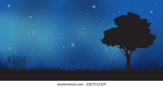 Tree and grass field silhoutted with night sky have a  lot of stars background. 