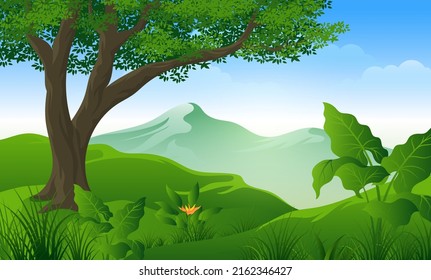 Tree and grass in the hill at bright morning Cartoon landscape