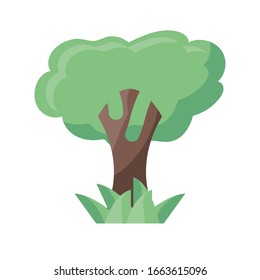 tree and grass icon over white background, flat detail style, vector illustration