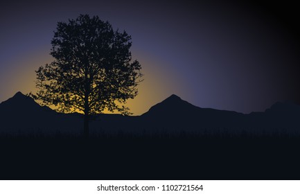 Tree with grass and mountains in the background under the morning sky with the rising sun and space for your text - vector
